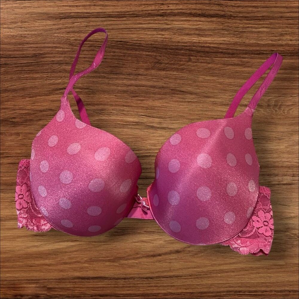 Victoria’s Secret Angels Pink Polka Dot Lace Push-Up Bra Size 36C